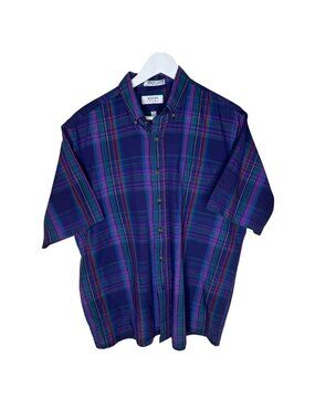 Vintage 80s Arrow Sport Purple & Blue Plaid Short Sleeve Button-Up Shirt, Large